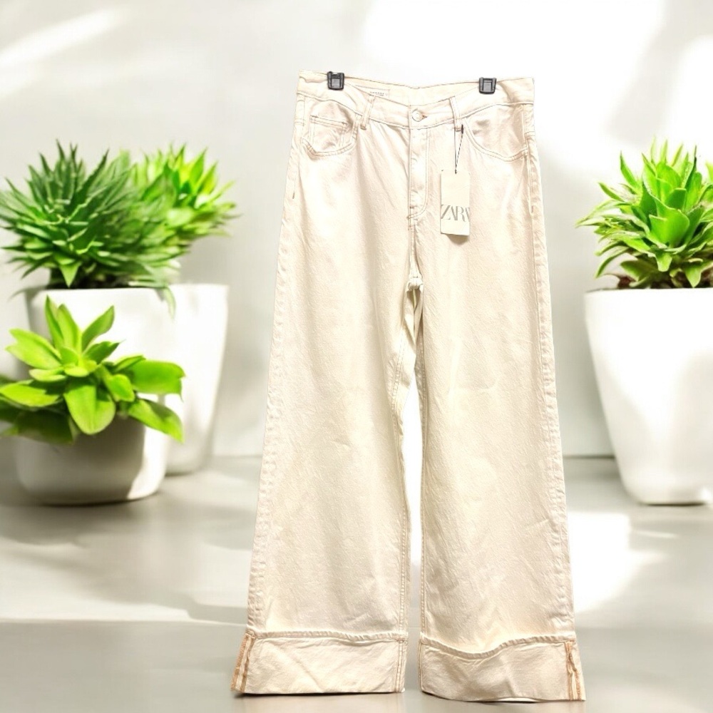 Zara Cream Wide-Leg Flare Jeans
